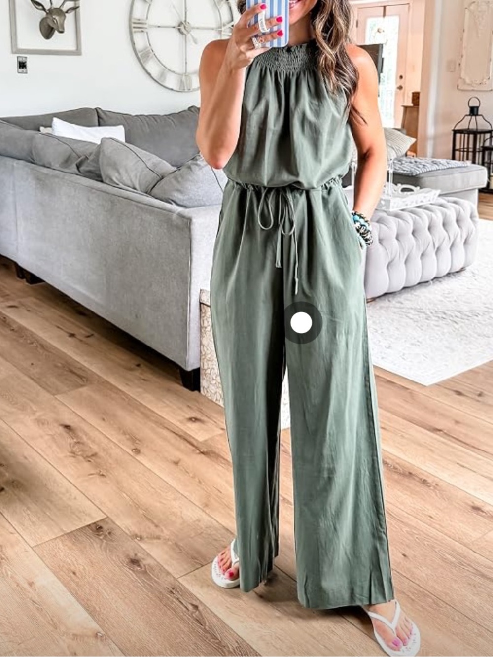 Smocked Halter Olive Green Wide-Leg Jumpsuit🚌